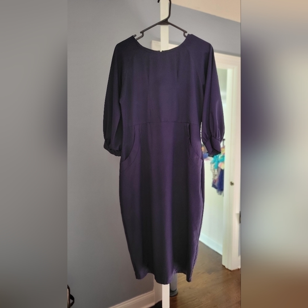 Women’s Navy Blue Midi Dress w Pockets Balloon Sleeves (Size 8)